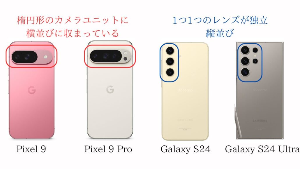 Google Pixel 9/9ProとGalaxy S24/S24 Ultraのデザイン比較