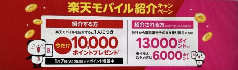 楽天モバイル紹介キャンペーン！紹介1人につき10,000ポイント、紹介される方も最大13,000ポイントプレゼント！