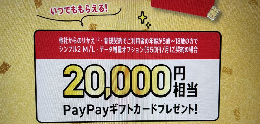 ワイモバイルへSIMカード単体契約で最大20,000PayPayポイント