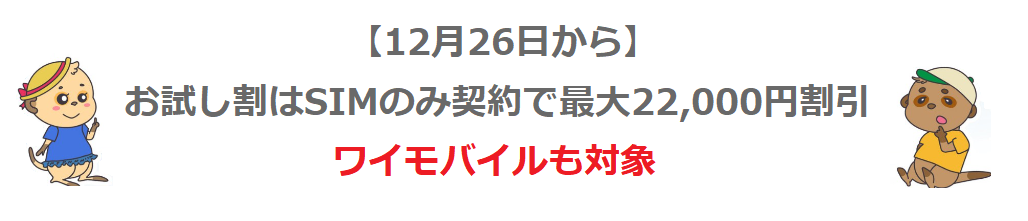 【12月26日から】お試し割はSIMのみ契約で最大22,000円割引｜ワイモバイルも対象