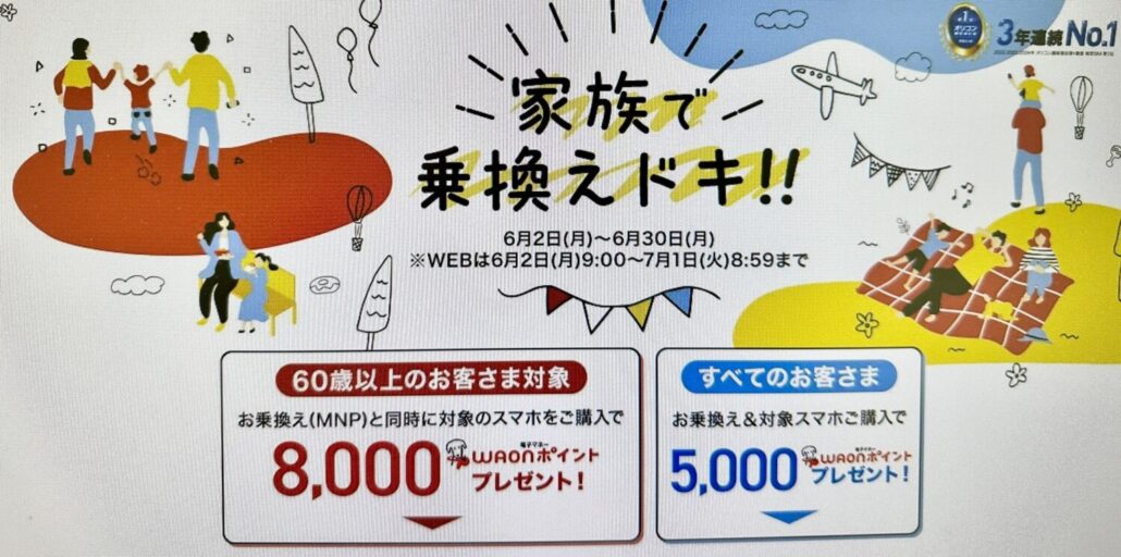 イオンモバイル_家族で乗り換えドキ!!キャンペーンで最大8,000ポイントキャッシュバック