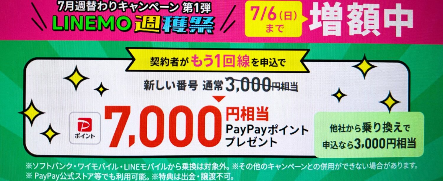 もう1回線申し込み最大7,000円相当PayPayポイントプレゼント(7/1まで)