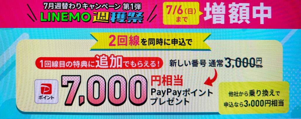 2回線まとめて申し込みで7,000円相当キャッシュバック(7/6まで)