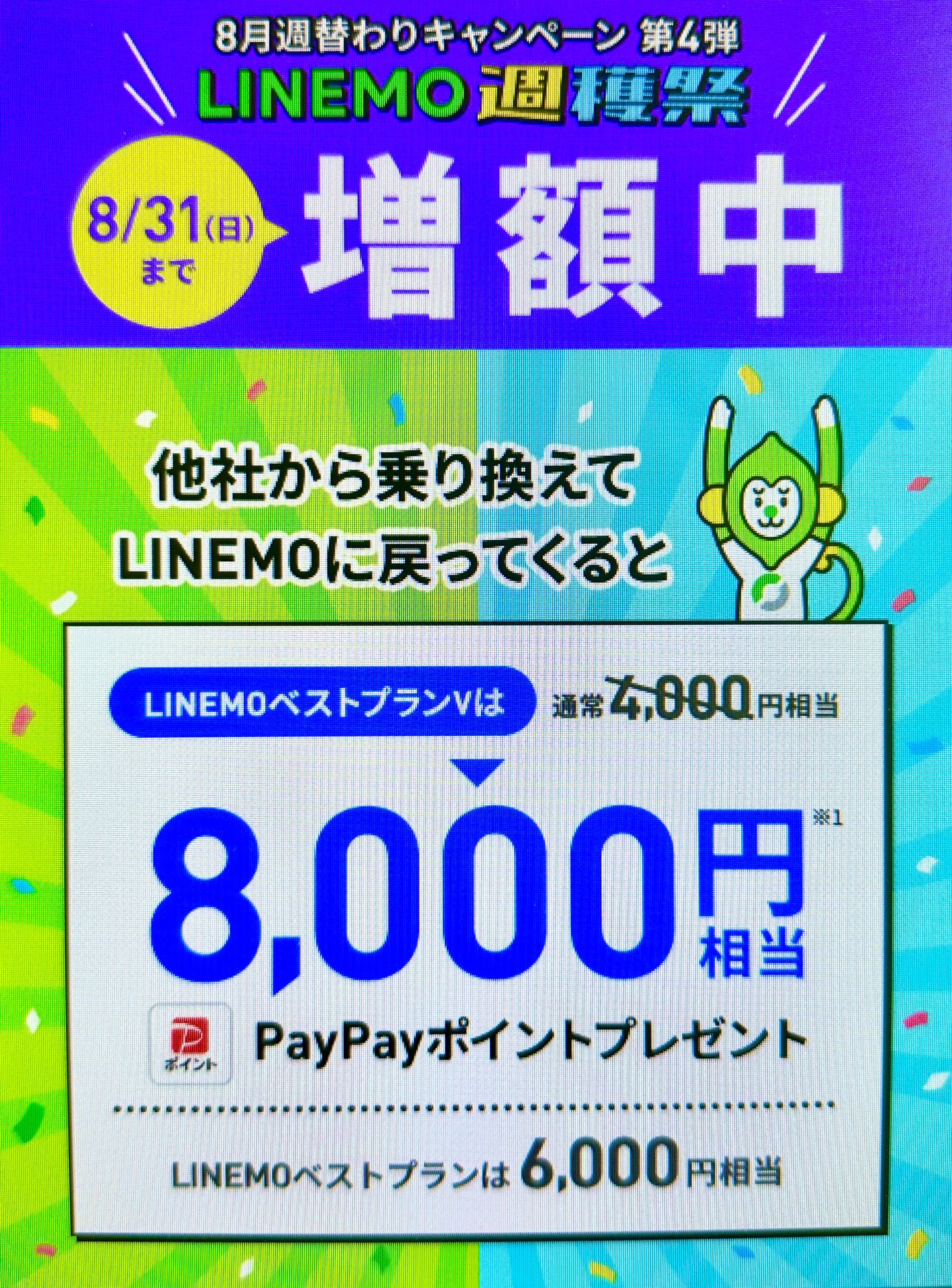 LINEMOおかえりだモンキャンペーン(8/31まで増額)
