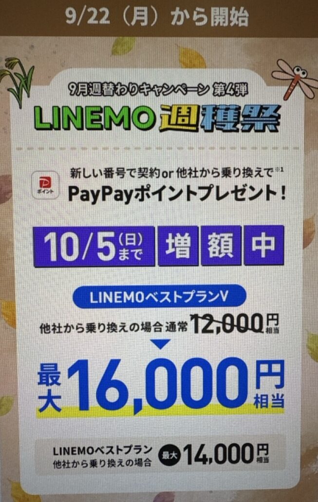 10/5(日)まで!新しい電話番号で契約または乗り換えでPayPayポイント特典増額中!|LINEMO週穫祭