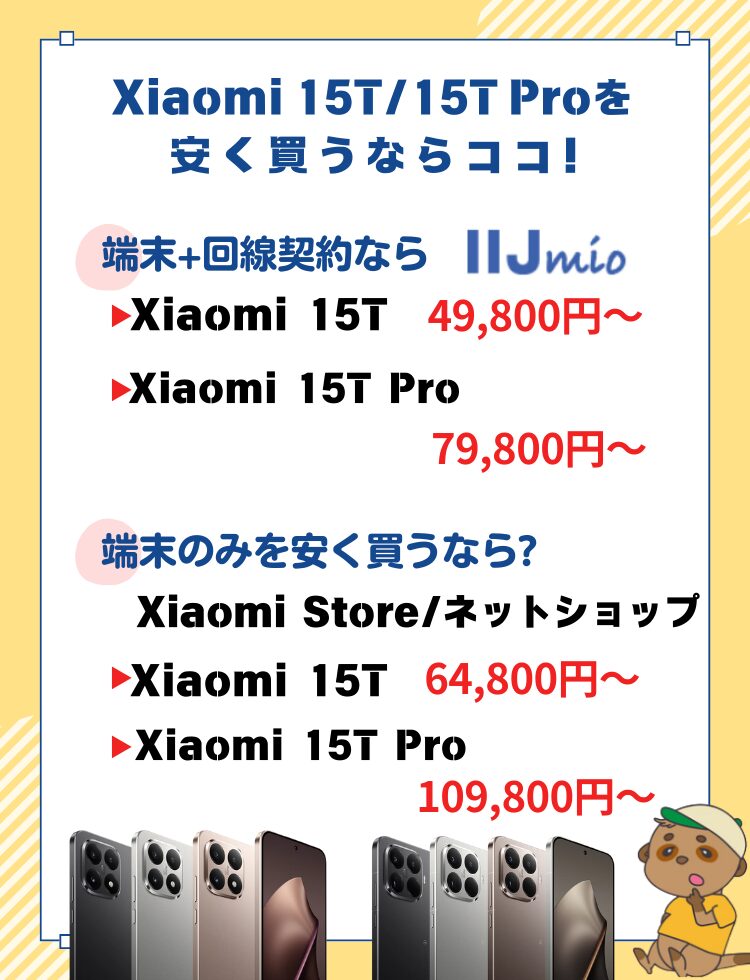 Xiaomi 15T/15T Pro どこが安い