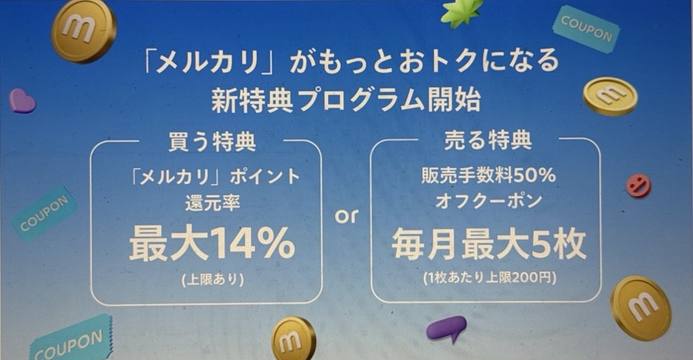 「メルカリ」お買い物で最大14%ポイント還元、または販売手数料50%オフクーポンから選べる特典