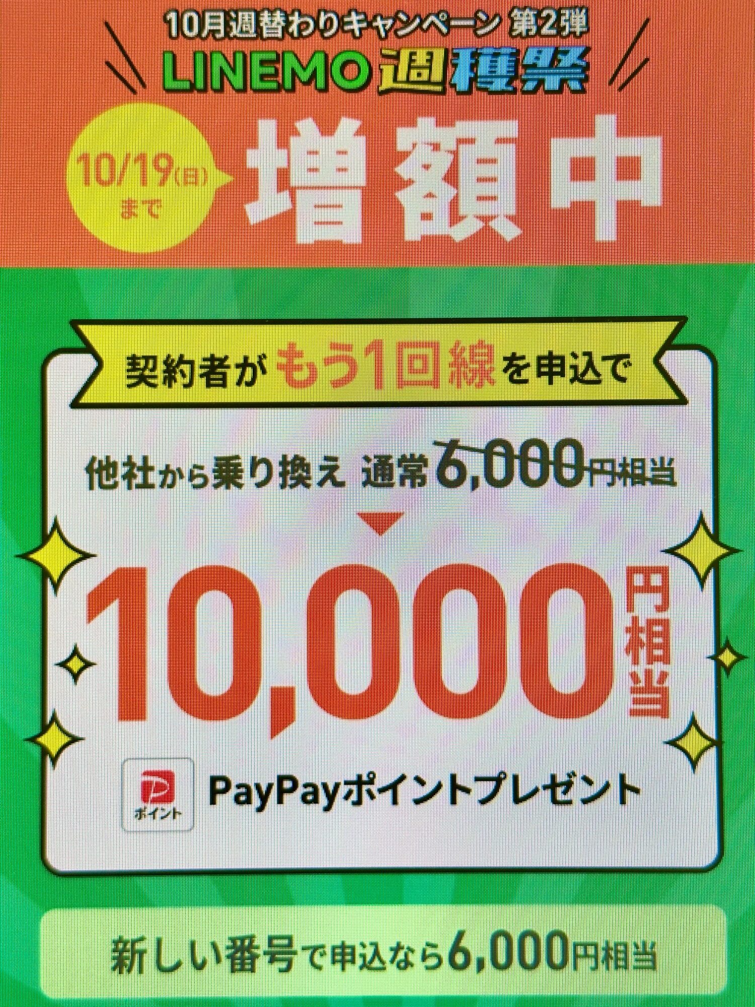 LINEMO 契約者向け!追加申込キャンペーンで10,000円相当キャッシュバック(10/19まで増額)