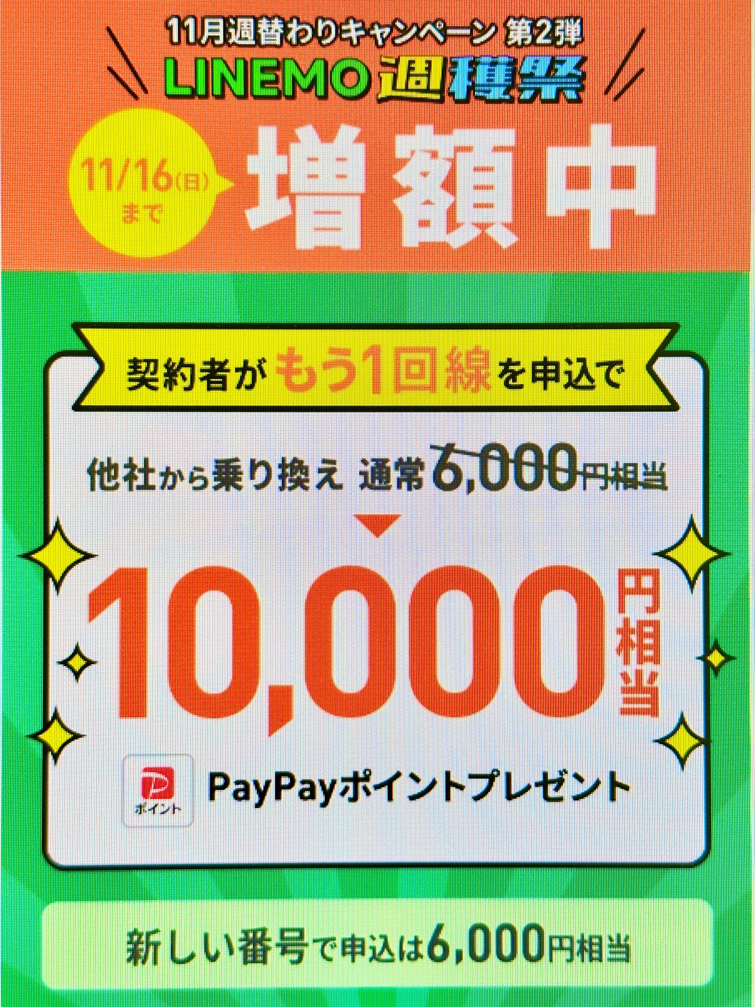LINEMO 契約者向け！追加申込キャンペーンで10,000円相当キャッシュバック(11/16まで増額)