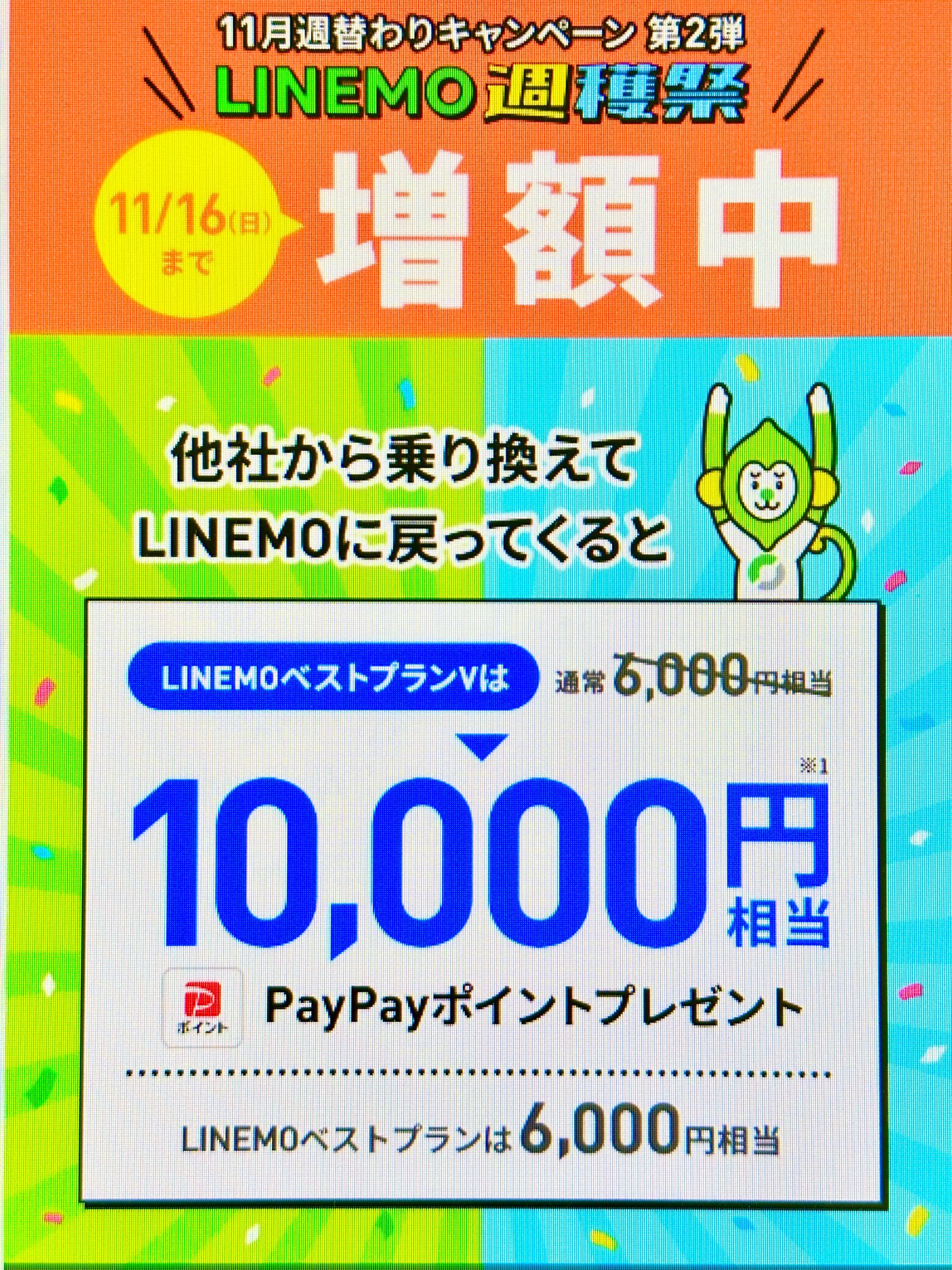LINEMOおかえりだモンキャンペーン(11/16まで増額)