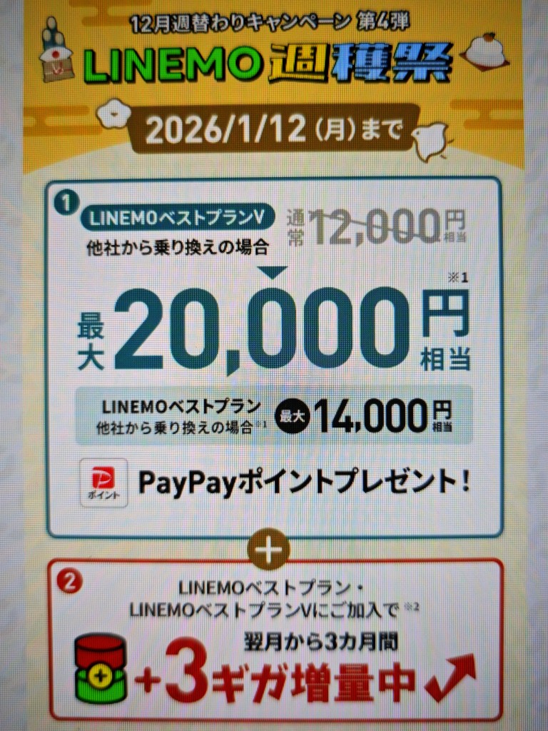 LINEMO-PayPayポイント通常特典増額(1/12まで)