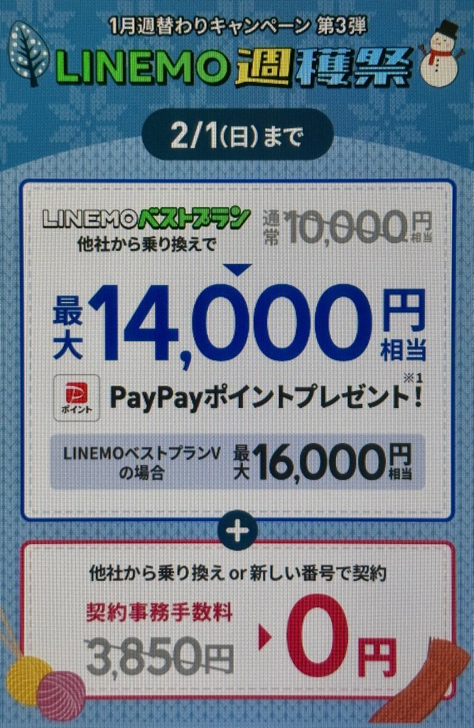 LINEMO-PayPayポイント通常特典(2/1まで増額)