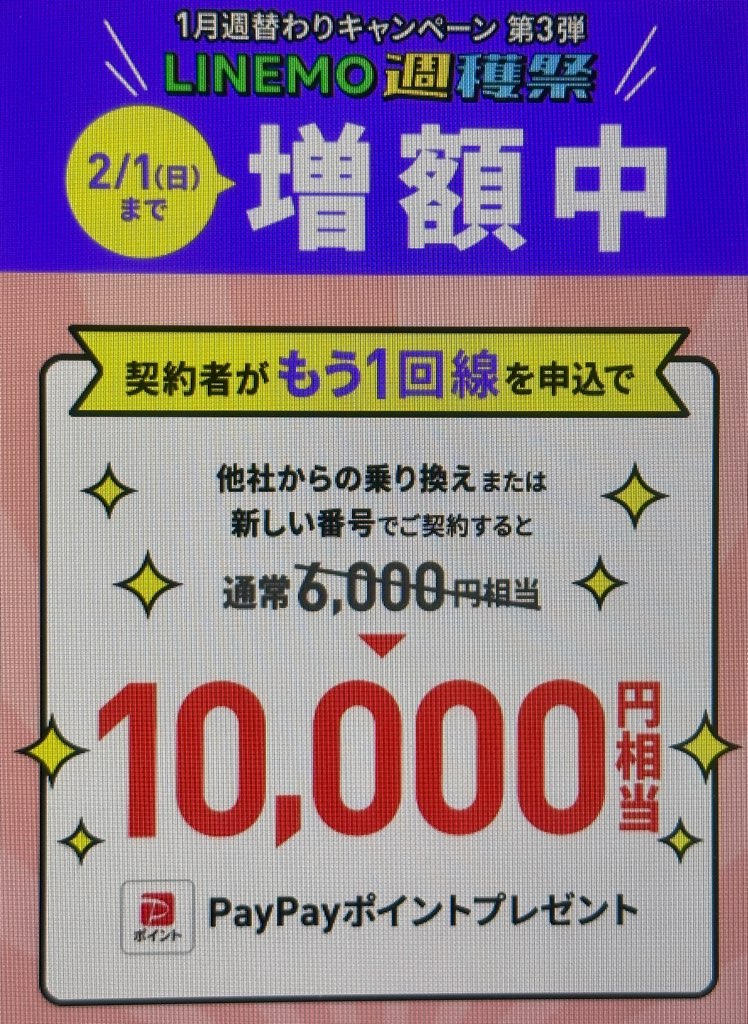LINEMO 契約者向け!追加申込キャンペーンで10,000円相当キャッシュバック(2/1まで増額)