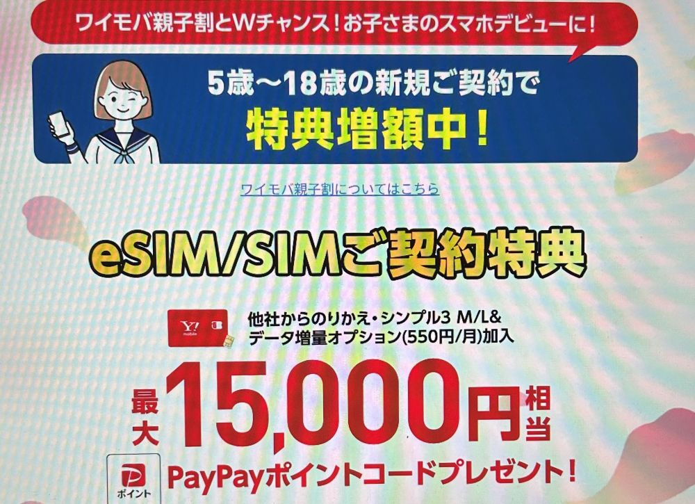 ワイモバイル公式オンラインストアのSIMキャンペーン(U18増額)