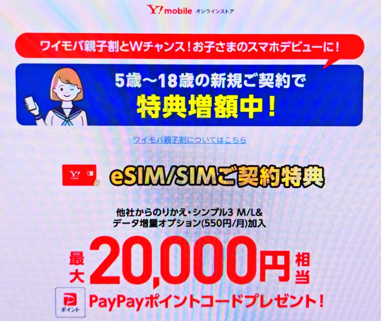 ワイモバイル公式オンラインストアのSIMキャンペーン(U18増額)