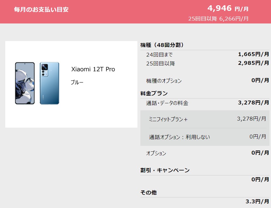 ソフトバンク　ミニフィットプラン+　Xiaomi 12T Pro　月額料金