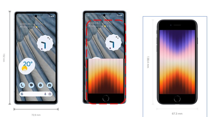 Google Pixel 7aとiPhone SE3のサイズ比較