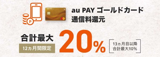 au PAYゴールドカードで月額料金の支払いをすると還元率が20%になる(12ヶ月間限定)
