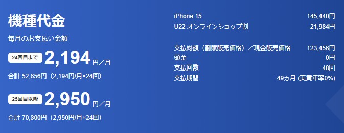 ソフトバンク　iPhon e 15　U22オンラインショップ割