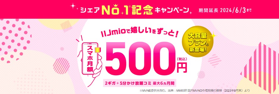 IIJmio　シェアNo1記念キャンペーン　最大6ヶ月間410円割引